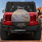 Glacier National Park spare tire cover mounted on a Ford Bronco tailgate