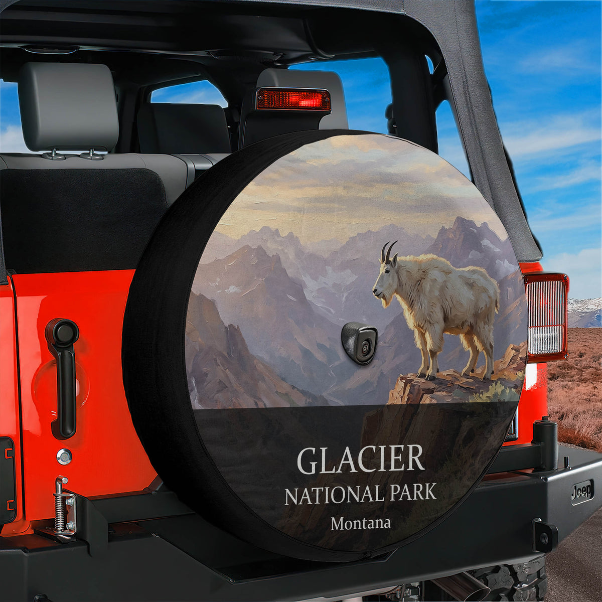 Glacier National Park spare tire cover mounted on a Jeep Wrangler tailgate