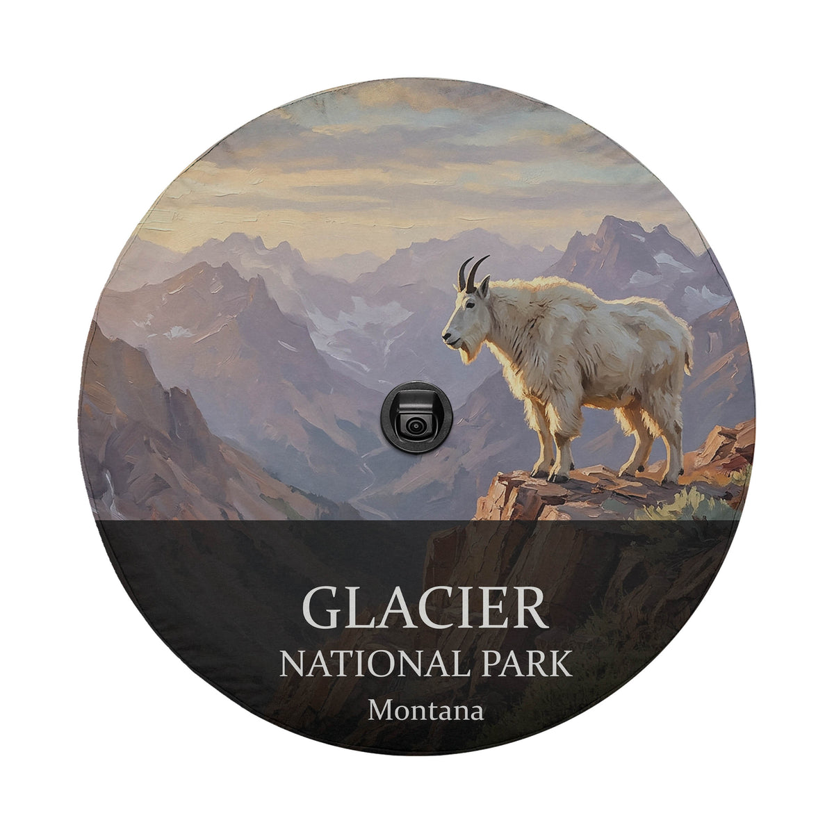 Glacier National Park spare tire cover with a backup camera hole, showing a mountain goat on a ledge above glacier-carved peaks
