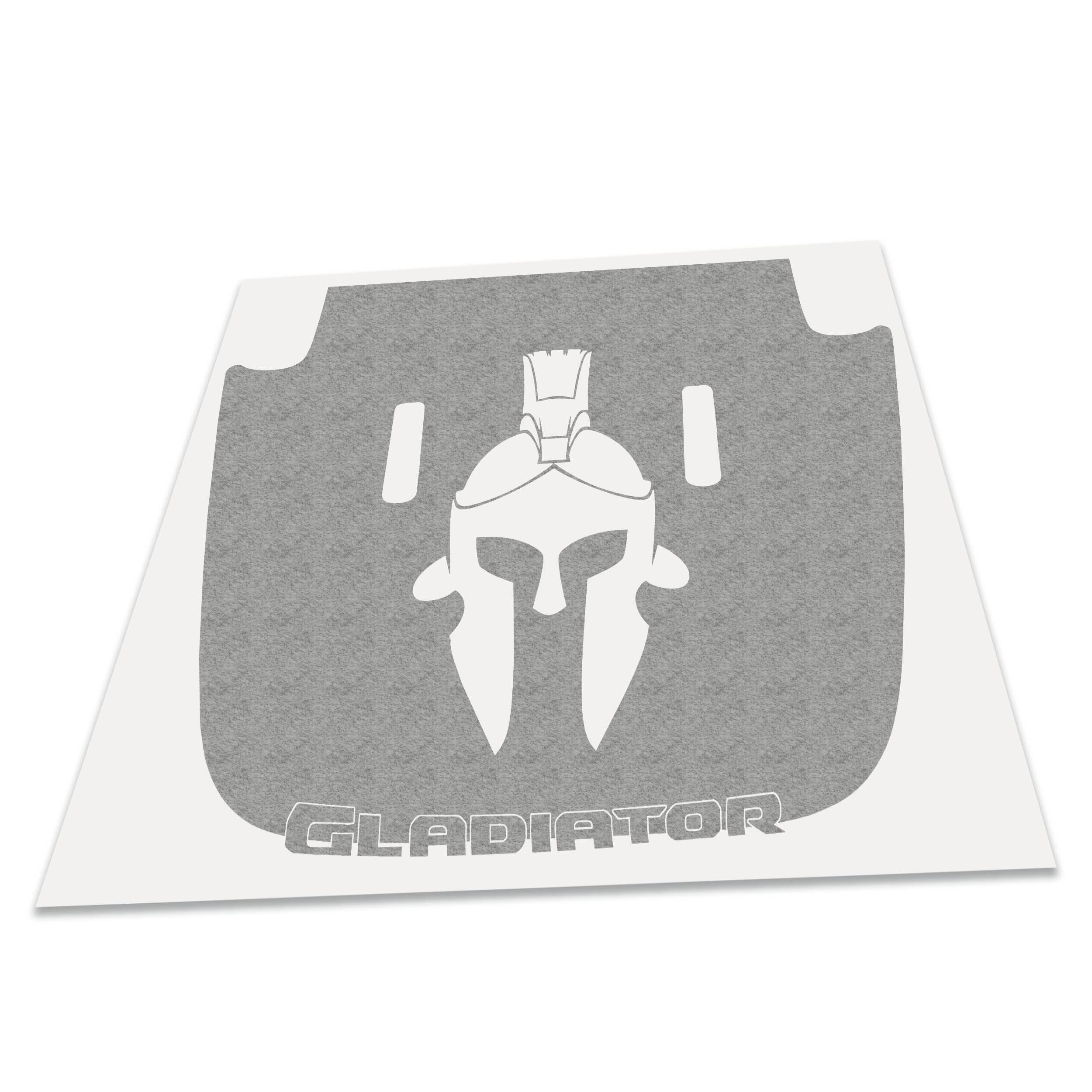 Gladiator Spartan helmet hood blackout decal in gray vinyl with Gladiator text on backing sheet