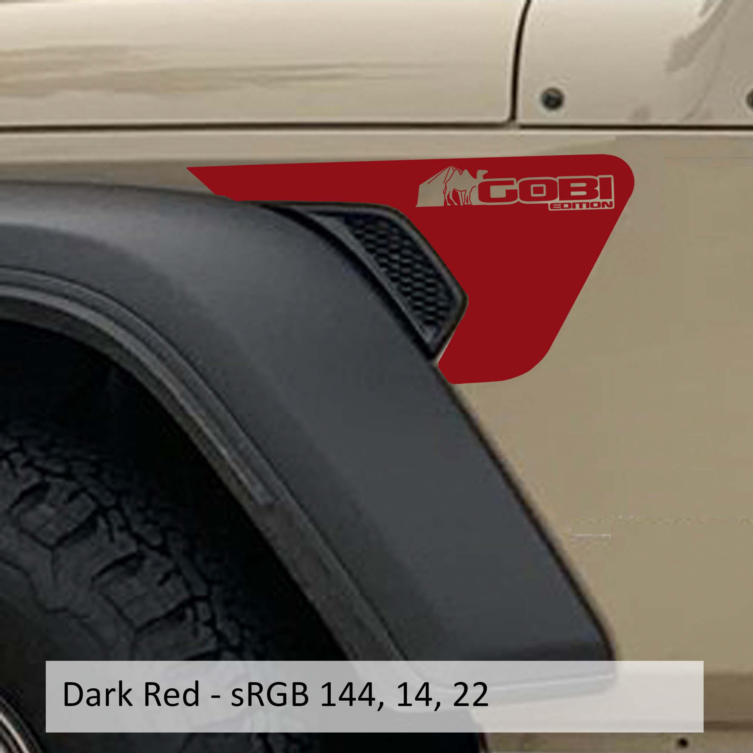 Dark red Gobi Edition Jeep Wrangler JL fender vent transfer decal shown installed on billet vent