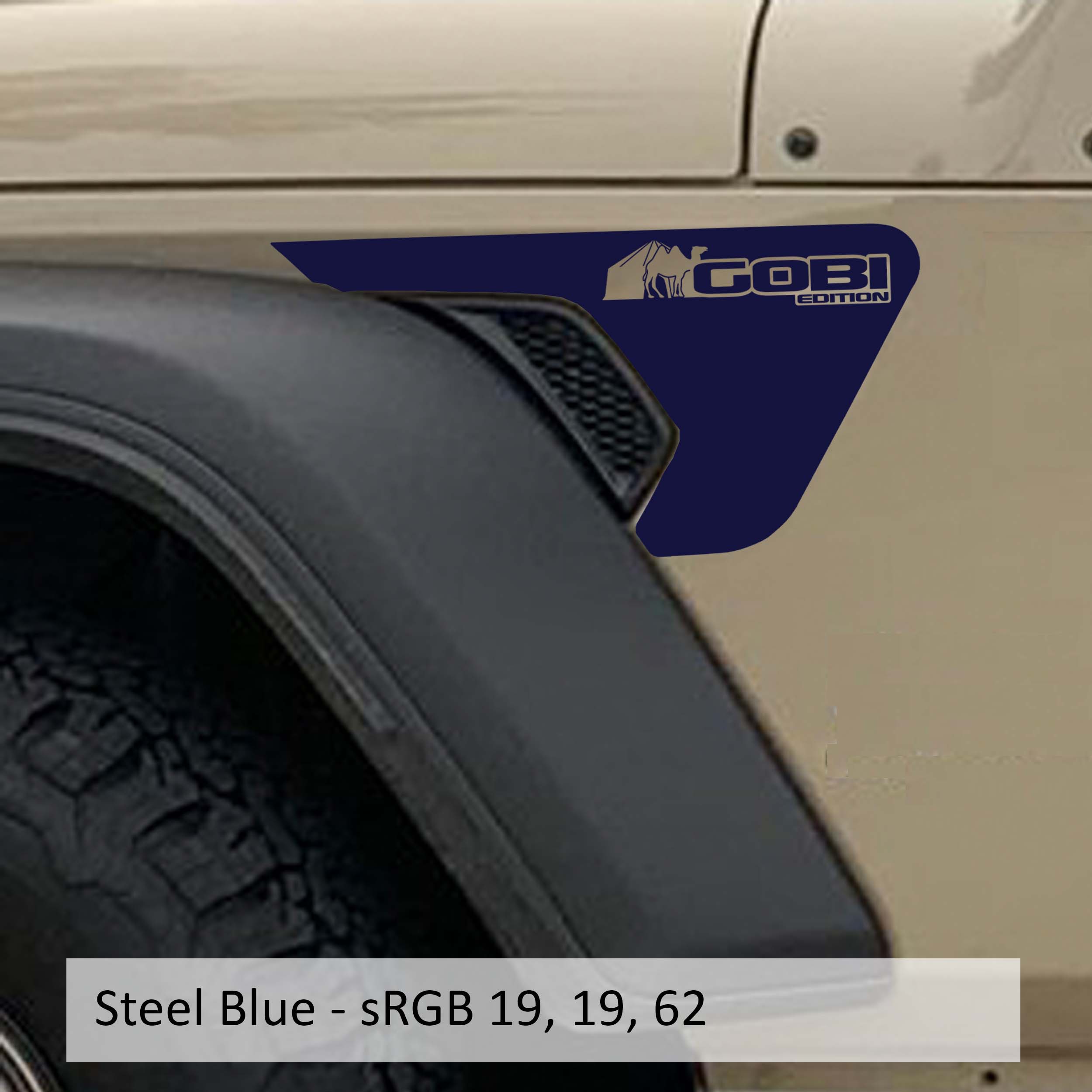 Steel blue Gobi Edition Jeep Wrangler JL fender vent transfer decal shown installed on billet vent