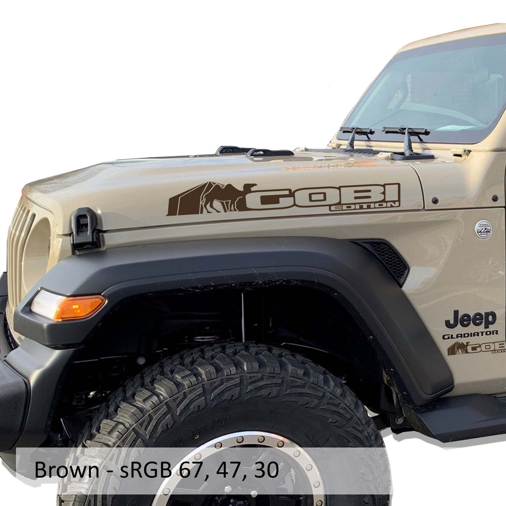 Brown Gobi Edition Jeep Wrangler side hood vinyl decal pair with rugged desert dune silhouette art.