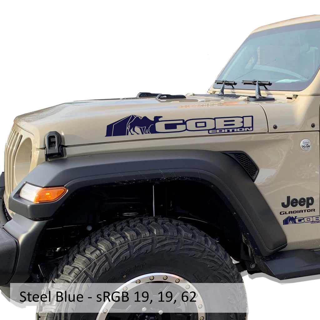 Steel blue Gobi Edition Jeep Wrangler side hood vinyl decal pair with desert dune silhouette artwork.