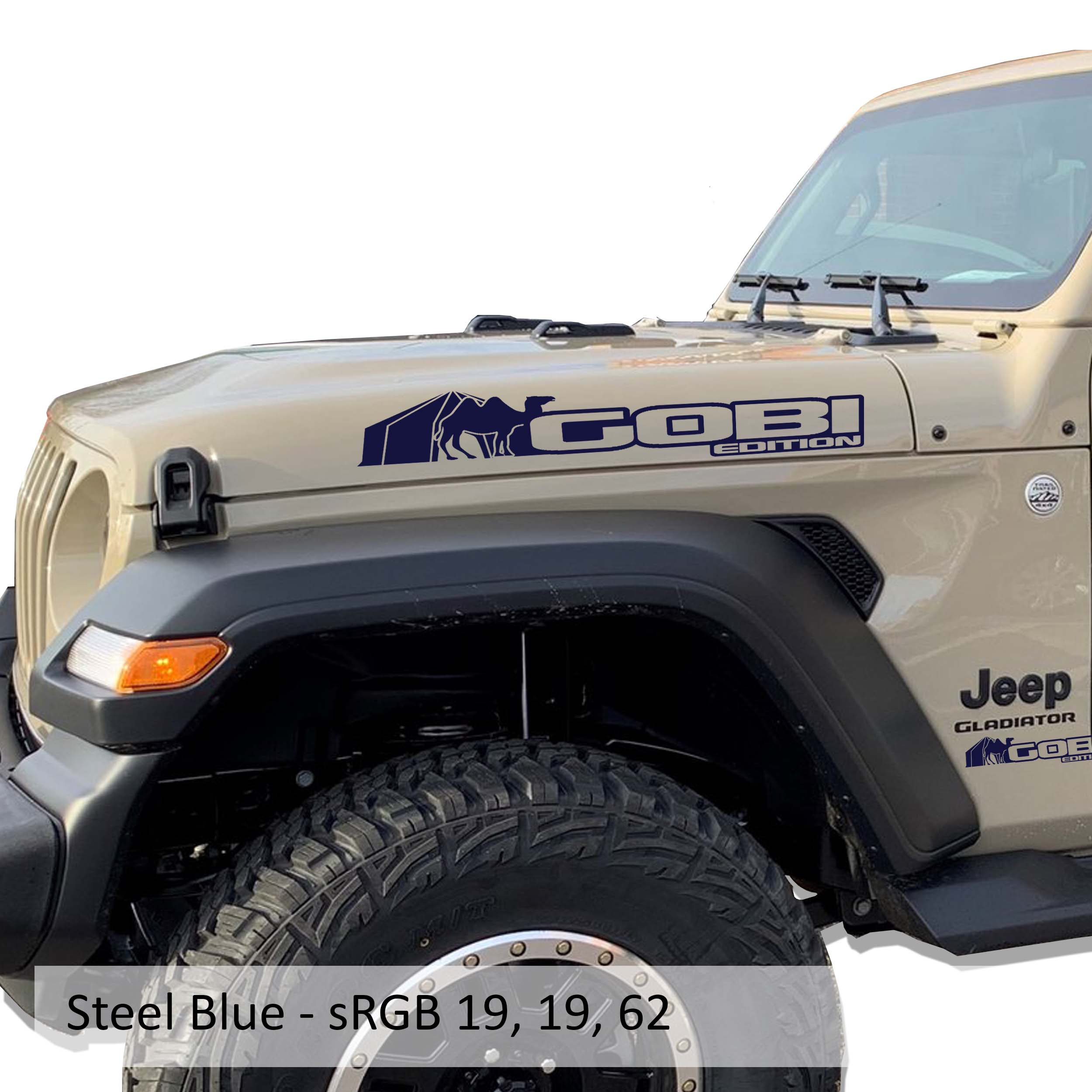 Steel blue Gobi Edition Jeep Wrangler side hood vinyl decal pair with desert dune silhouette artwork.