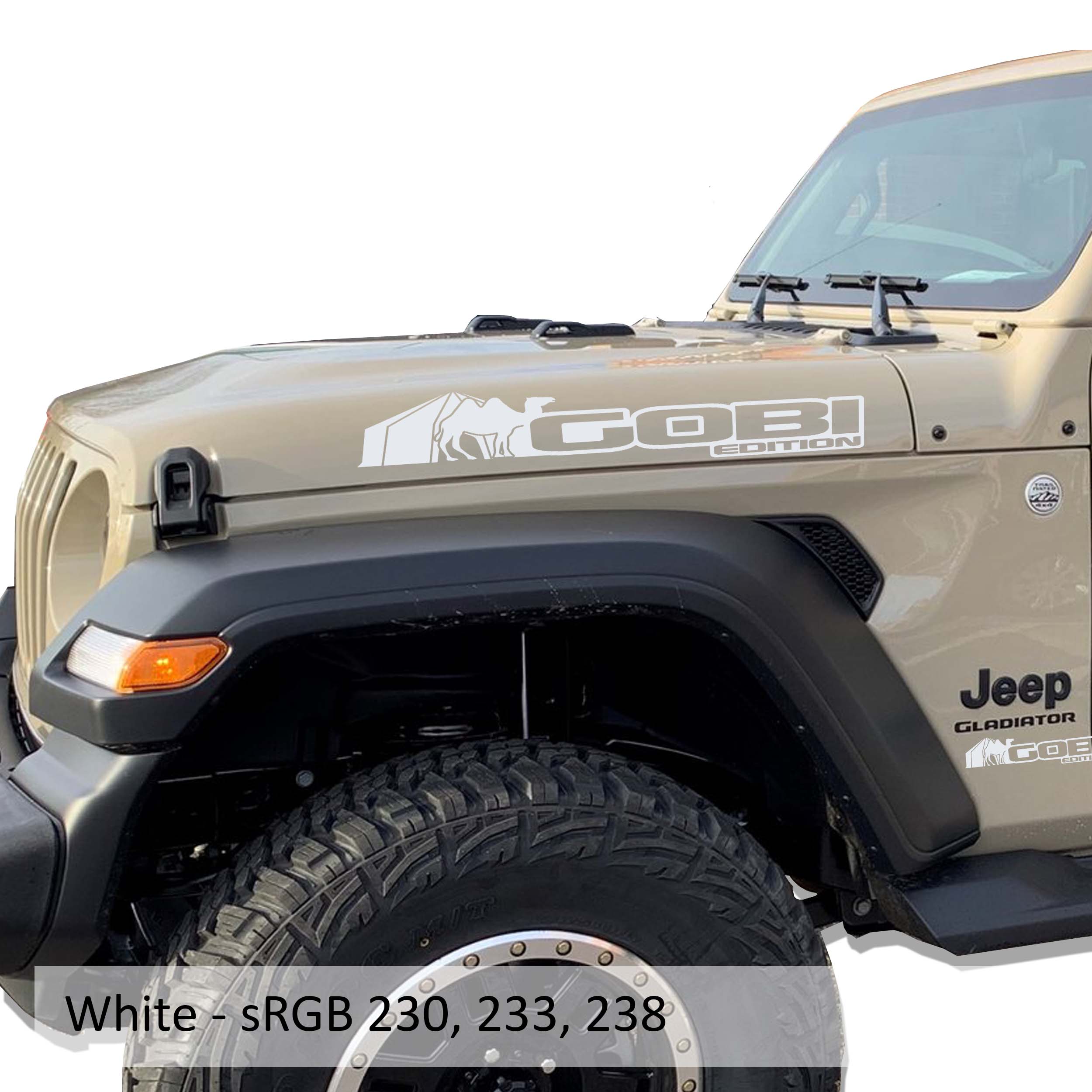 White Gobi Edition Jeep Wrangler side hood vinyl decal pair featuring desert dune landscape design.