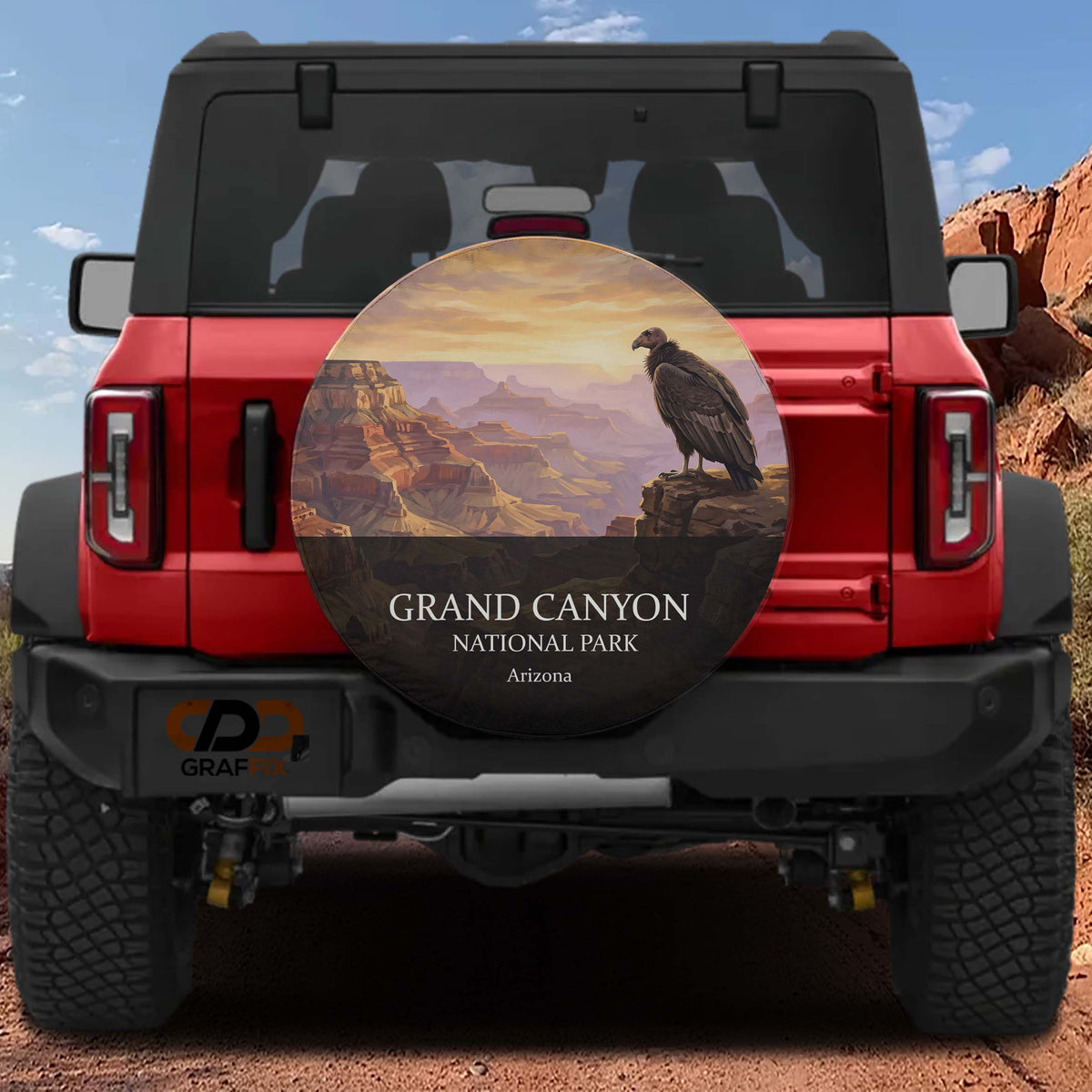 Grand Canyon National Park spare tire cover mounted on a Ford Bronco tailgate