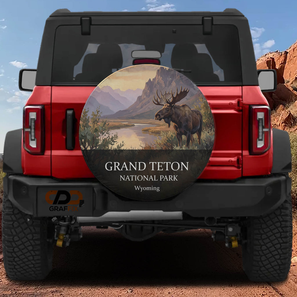 Grand Teton National Park spare tire cover mounted on a Ford Bronco tailgate