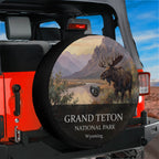 Grand Teton National Park spare tire cover mounted on a Jeep Wrangler tailgate