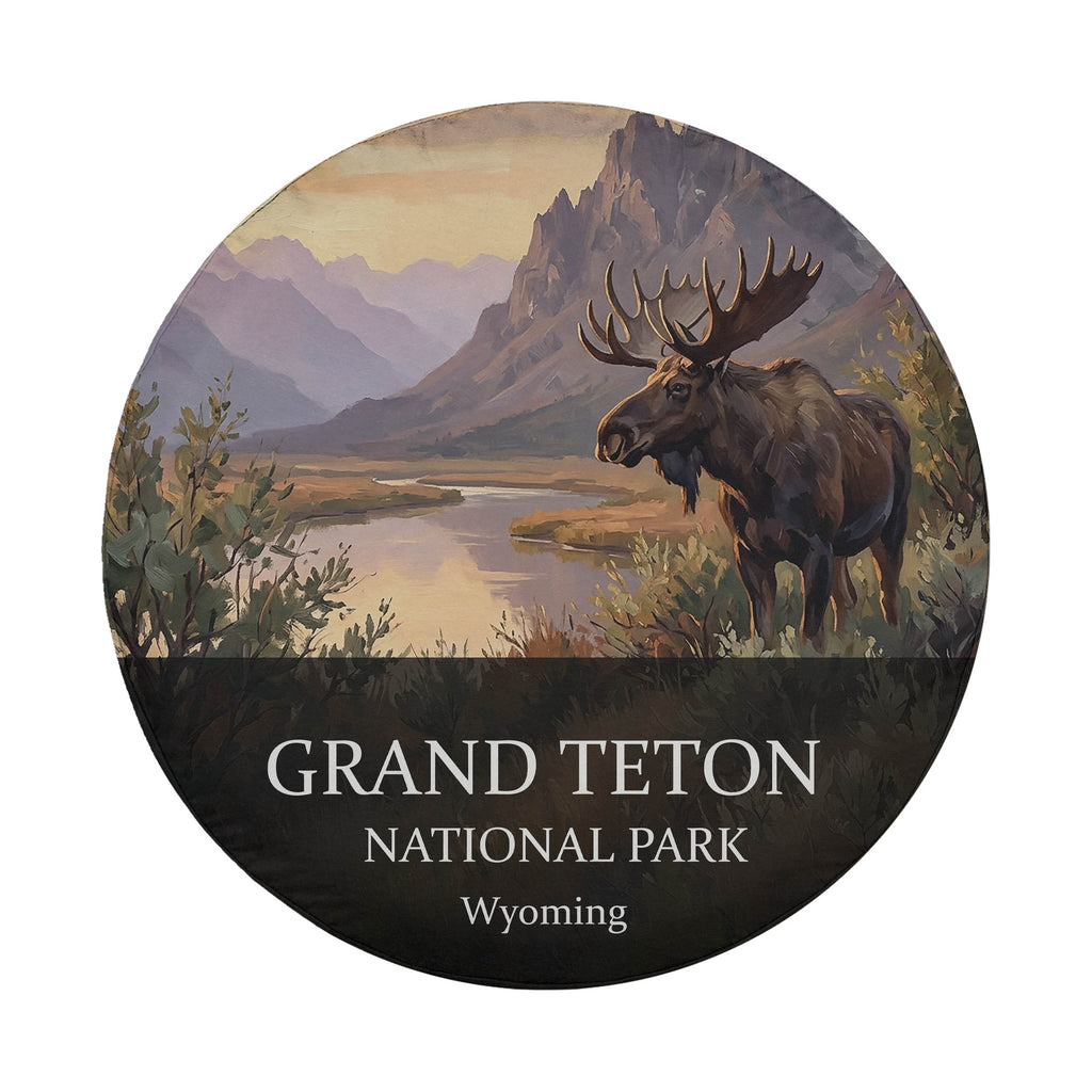 Grand Teton National Park spare tire cover without a camera hole, showing a bull moose by a river below the Teton range