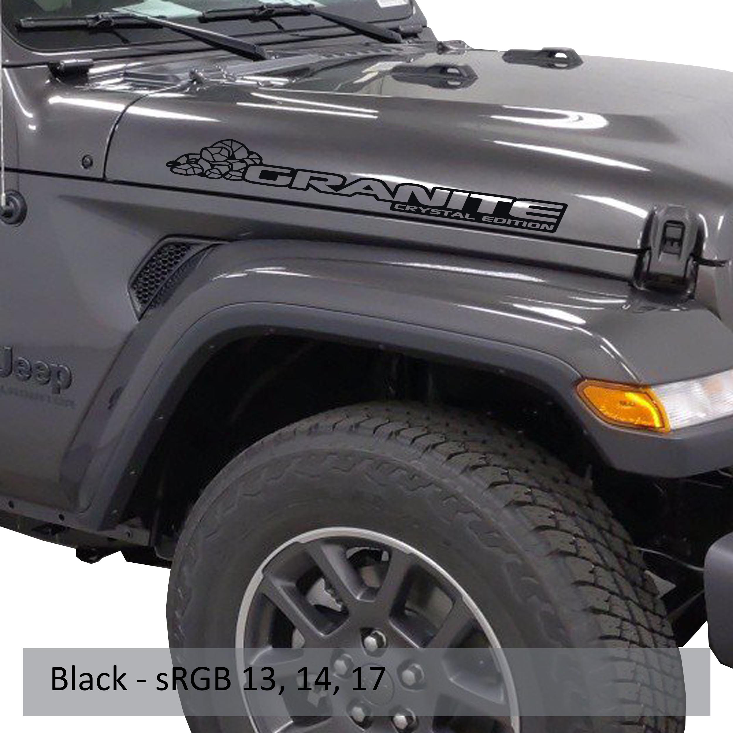 Granite Crystal Edition Jeep hood decal pair shown in matte black vinyl on a clean white studio backdrop