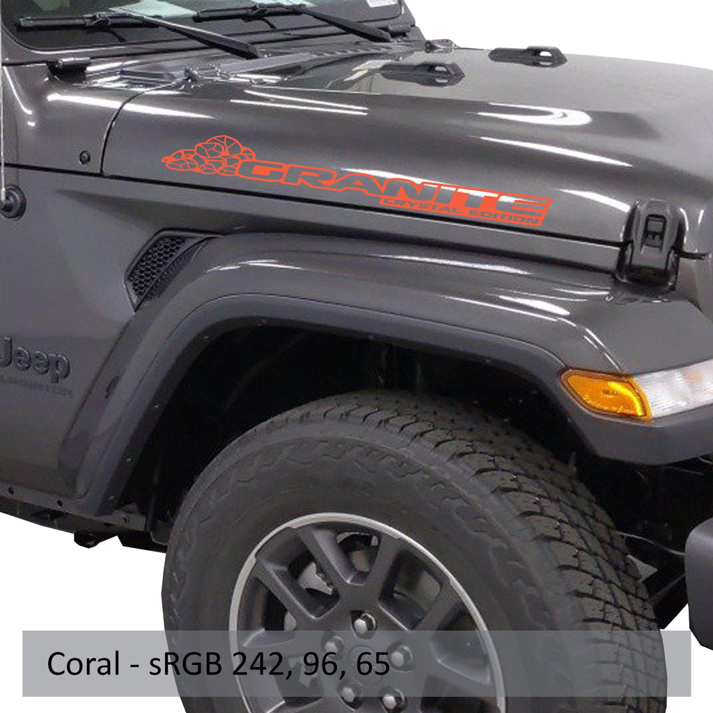 Granite Crystal Edition Jeep hood decal pair displayed in coral vinyl on a clean white studio backdrop
