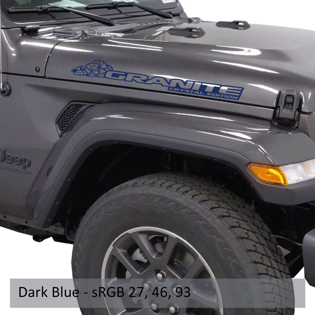 Granite Crystal Edition Jeep hood decal pair in deep dark blue vinyl on a clean white promo backdrop