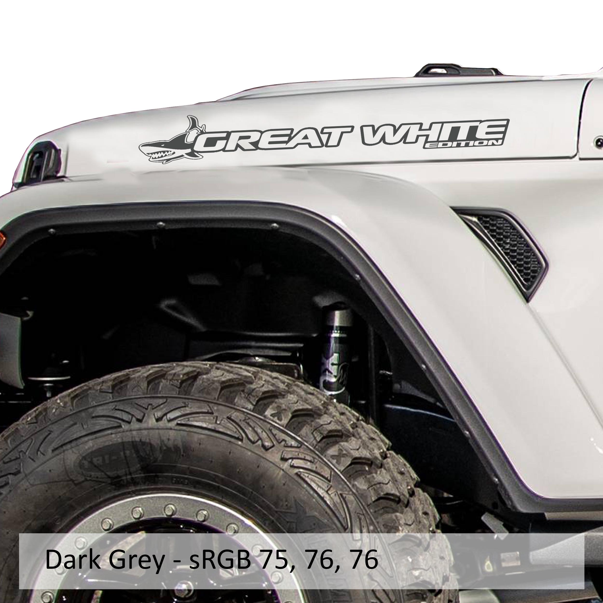 Great White Edition Jeep hood decal pair shown in dark gray vinyl on a clean white photo backdrop image