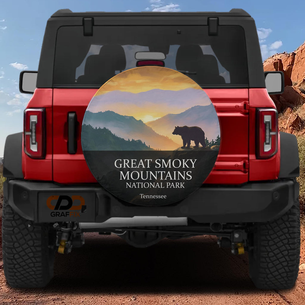 Great Smoky Mountains National Park spare tire cover mounted on a Ford Bronco tailgate