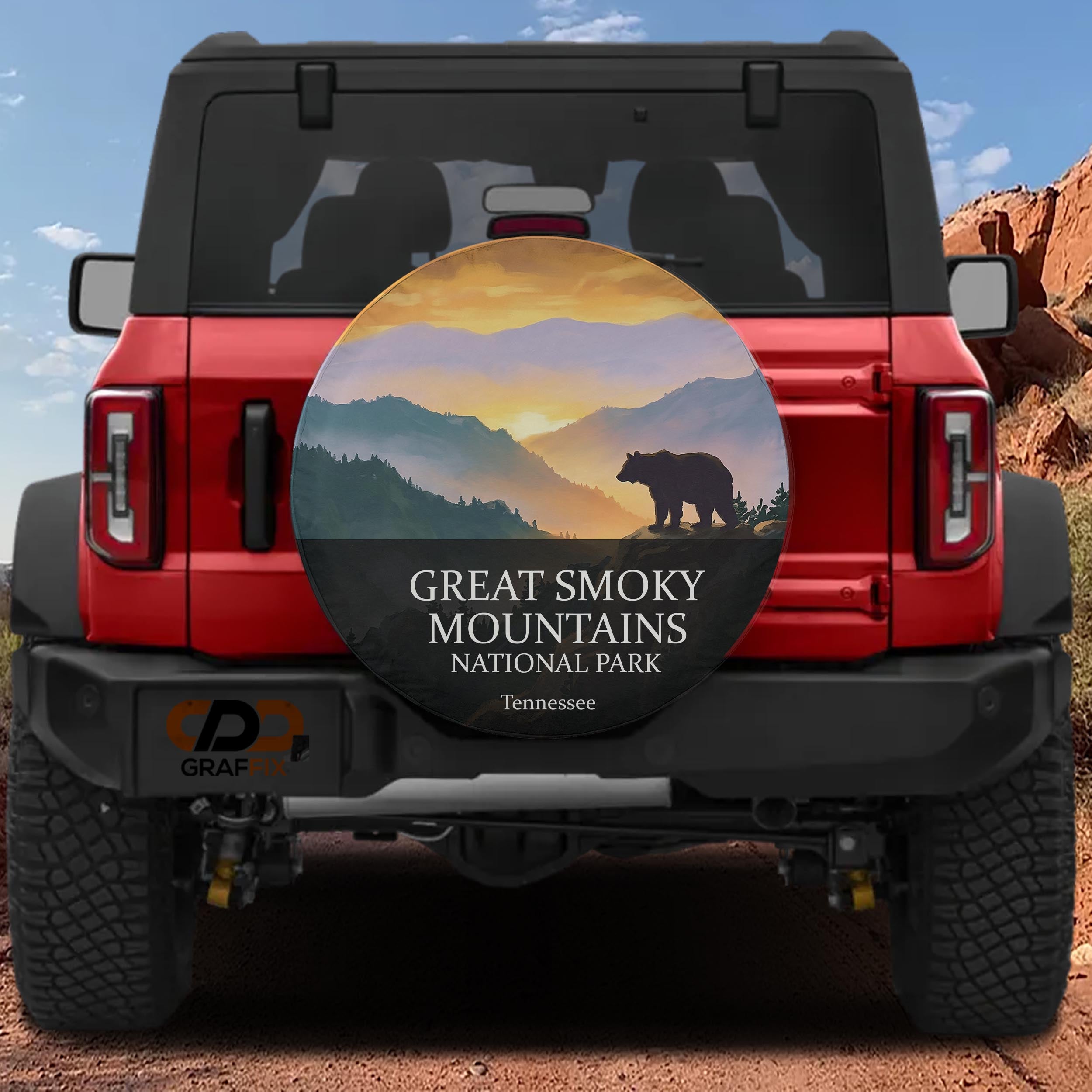 Great Smoky Mountains National Park spare tire cover mounted on a Ford Bronco tailgate