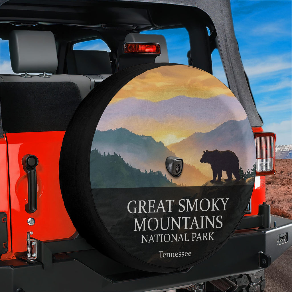 Great Smoky Mountains National Park spare tire cover mounted on a Jeep Wrangler tailgate