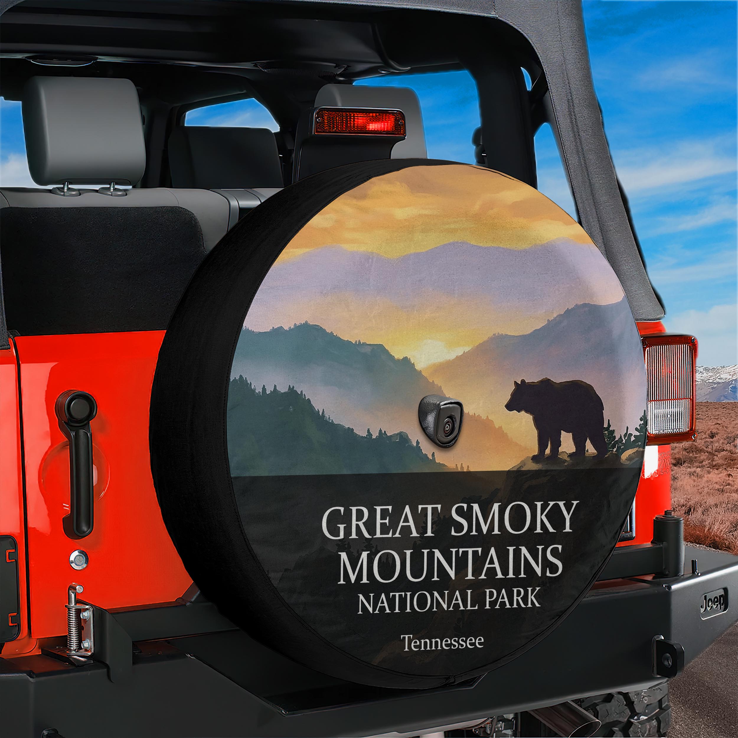 Great Smoky Mountains National Park spare tire cover mounted on a Jeep Wrangler tailgate