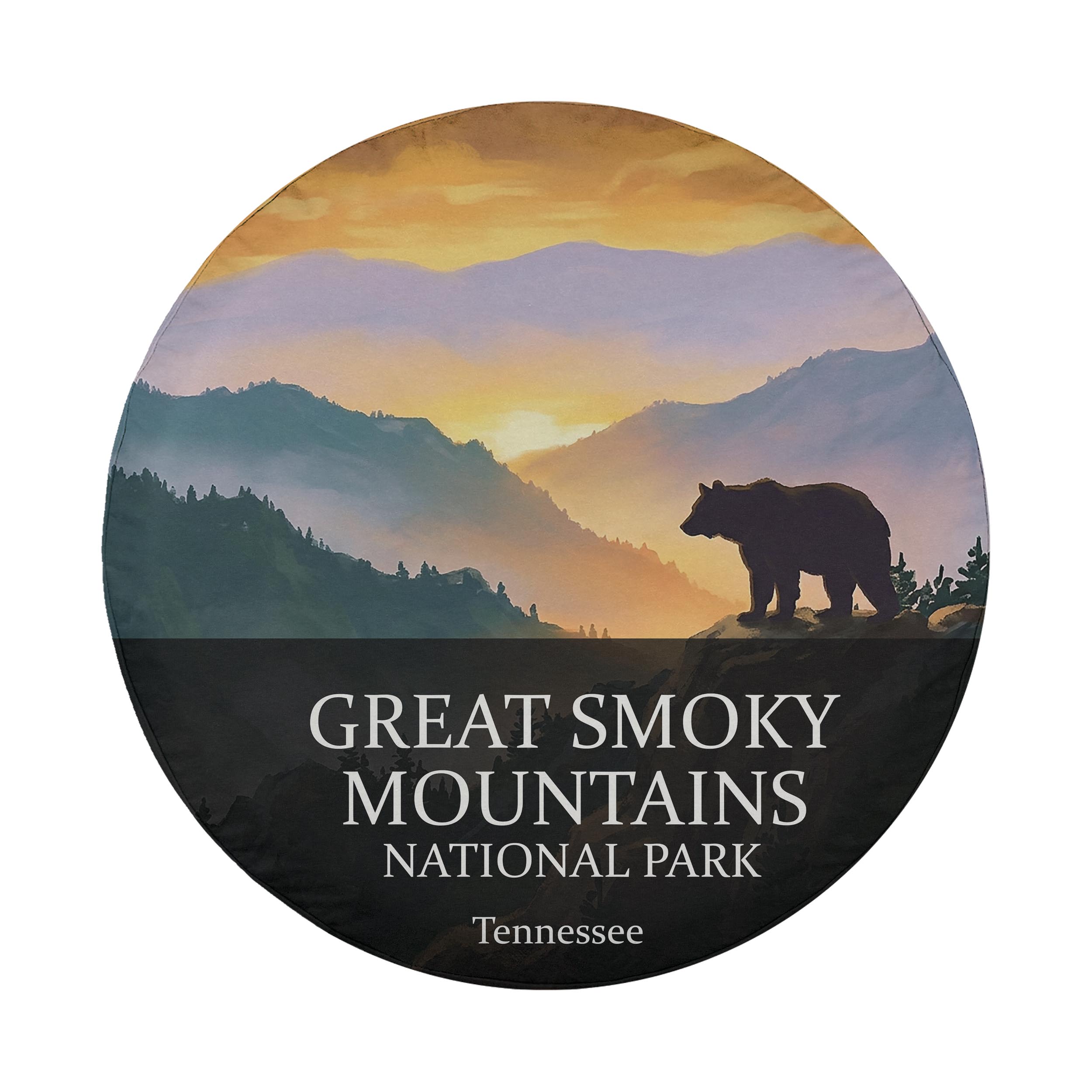 Great Smoky Mountains National Park spare tire cover without a camera hole, showing a black bear silhouette on a ridge above layered blue ridgelines