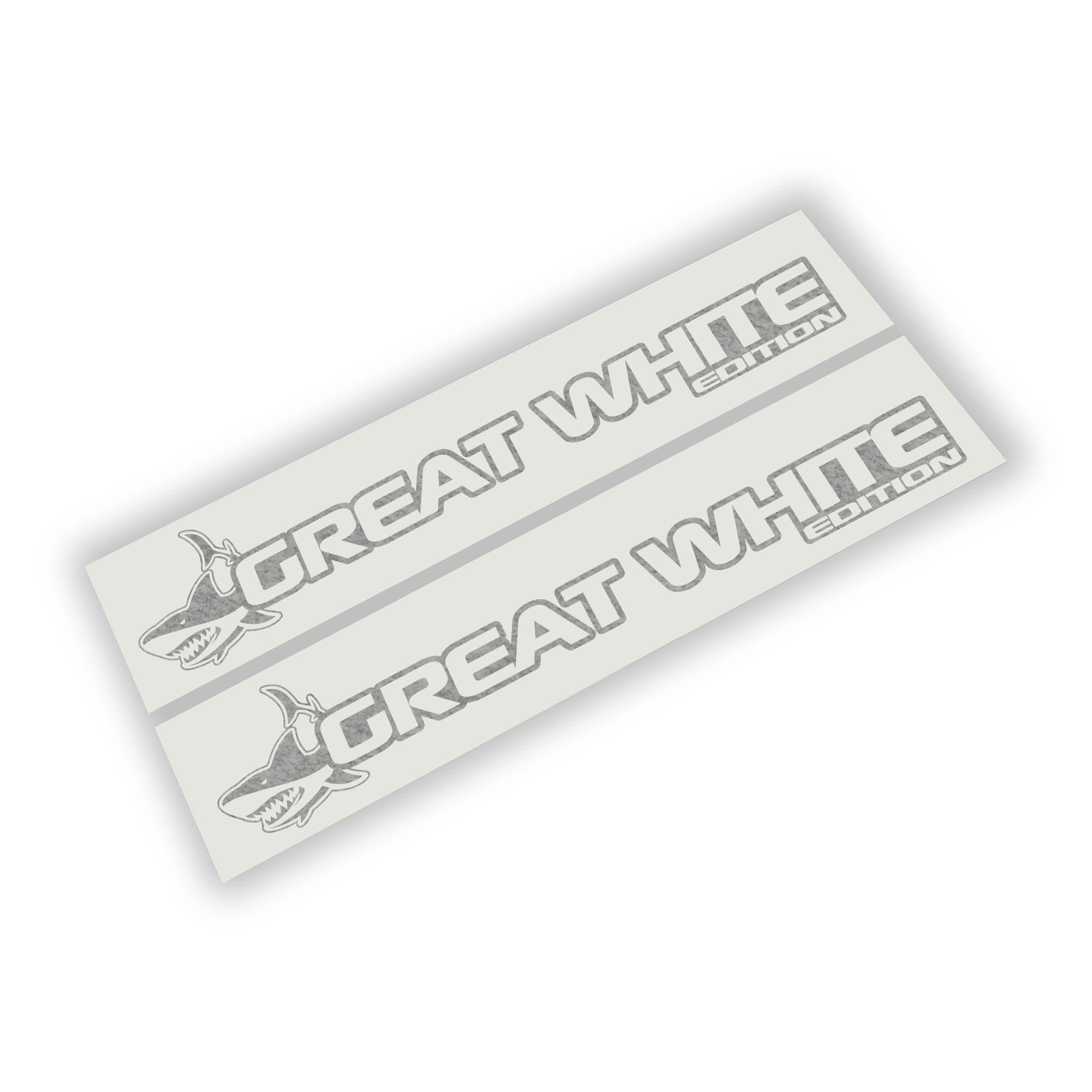 Great White Edition Jeep side hood decal pair featuring a shark graphic alongside bold outlined lettering