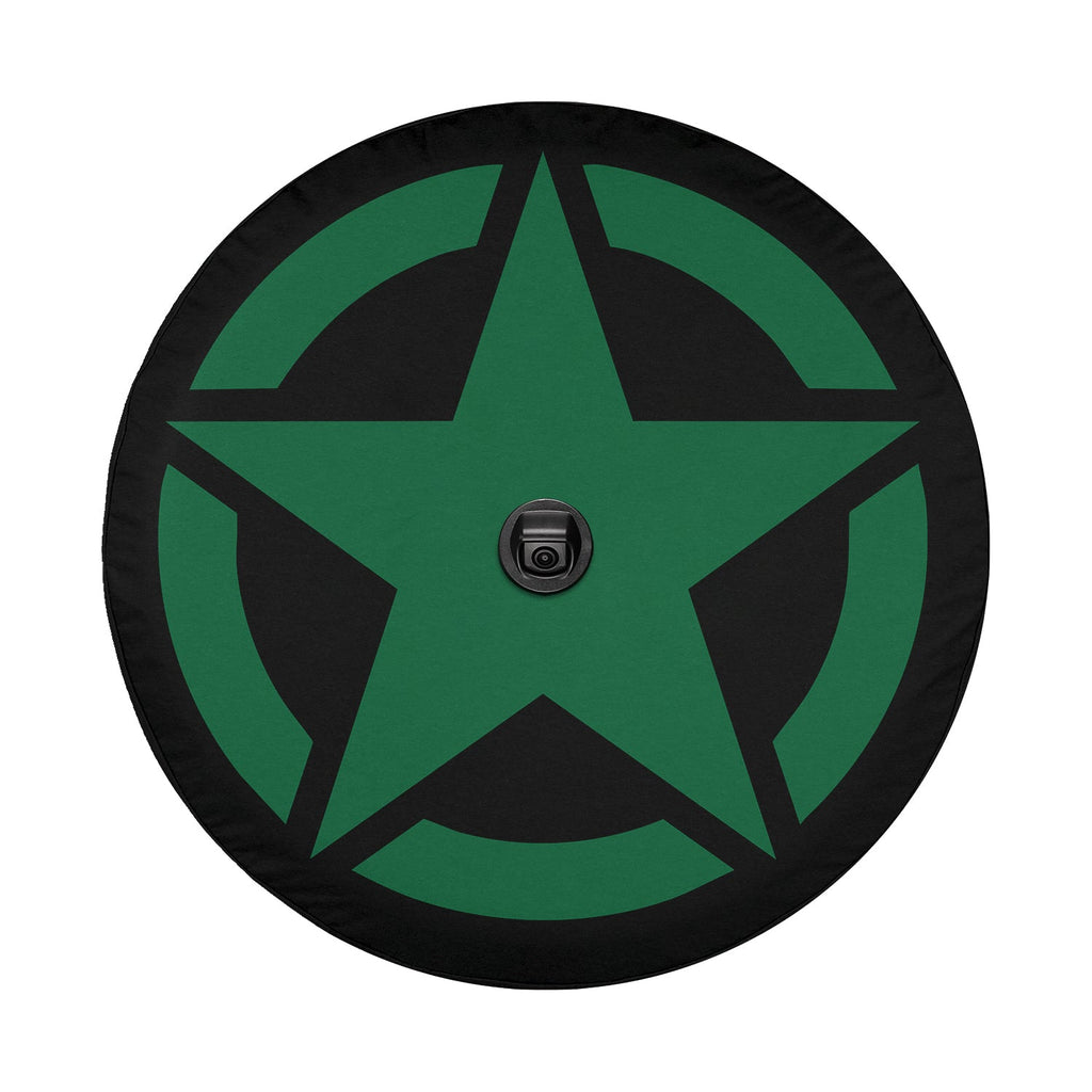 Green Military Star spare tire cover flat round product shot with bold olive drab military star insignia