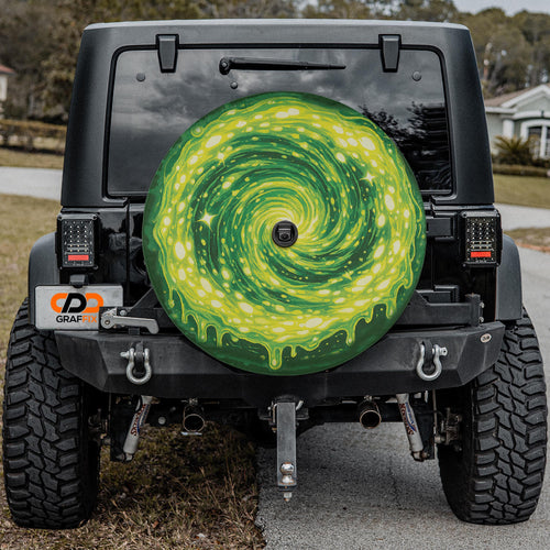 Central Finite Curve Interdimensional Portal Spare Tire Cover - shown on a Jeep
