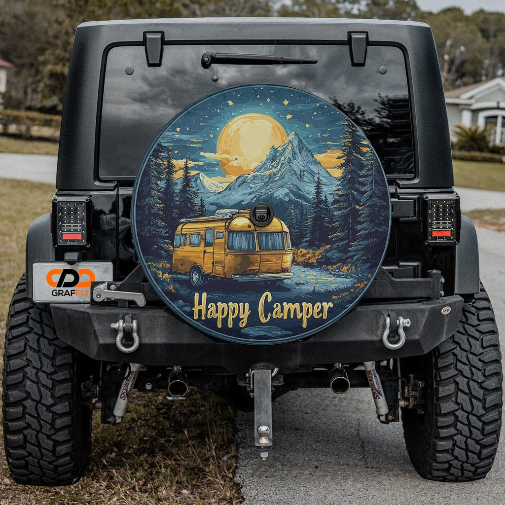 Happy Camper spare tire cover installed on black Jeep Wrangler with center backup camera cutout port