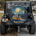 Happy Camper spare tire cover installed on black Jeep Wrangler with center backup camera cutout port