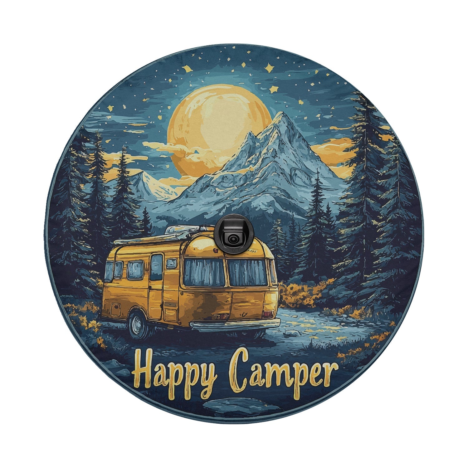 Happy Camper tire cover on red Jeep Wrangler yellow vintage camper van mountains pine forest scene