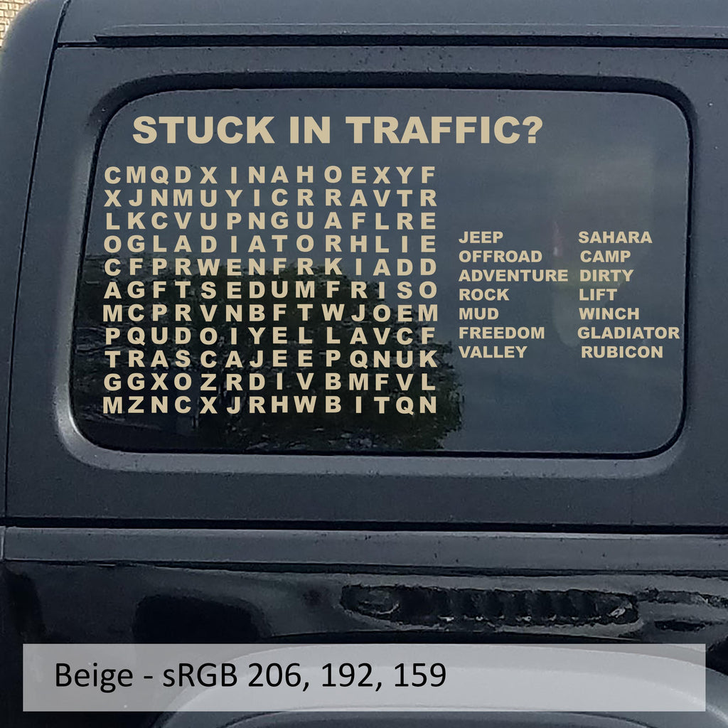 Beige Stuck In Traffic word puzzle hardtop window decal swatch for Jeep Wrangler