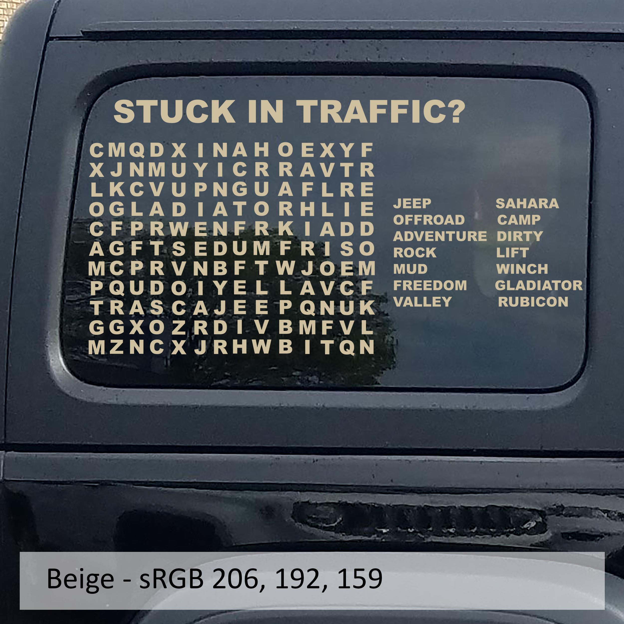 Beige Stuck In Traffic word puzzle hardtop window decal swatch for Jeep Wrangler
