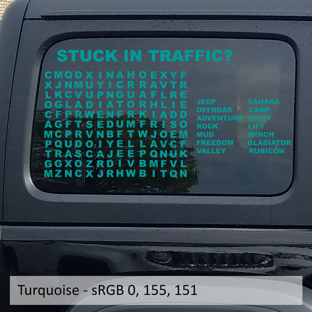 Turquoise Stuck In Traffic word puzzle hardtop window decal swatch for Jeep Wrangler