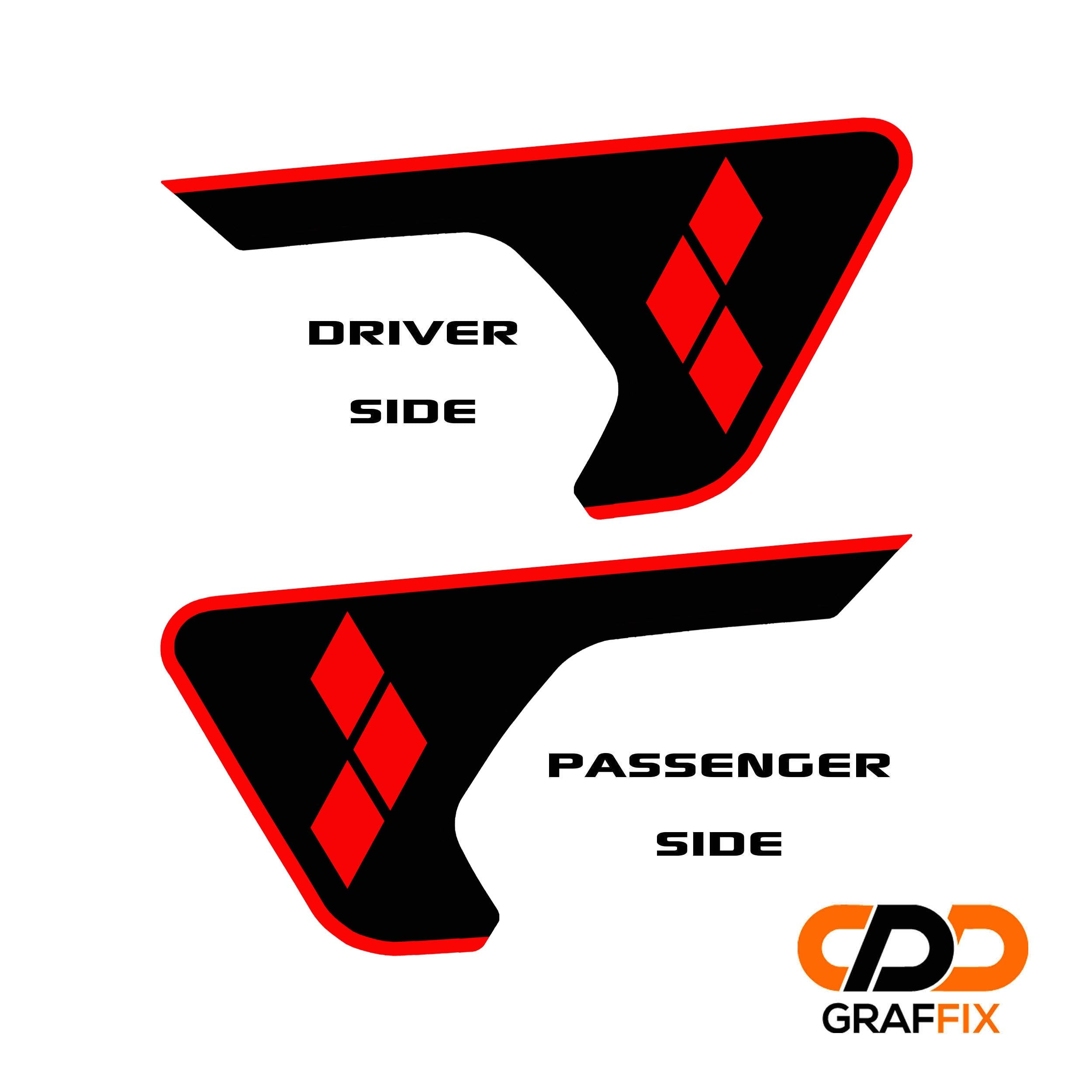 Driver and passenger side Harley diamond Jeep fender decals with red outline on white background