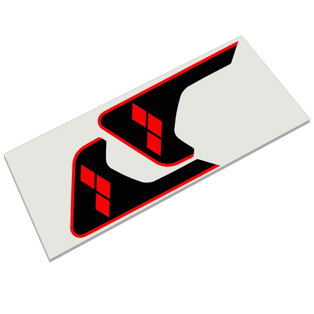 Black and red Harley diamond pattern Jeep fender vent decal pair shown angled on backing sheet