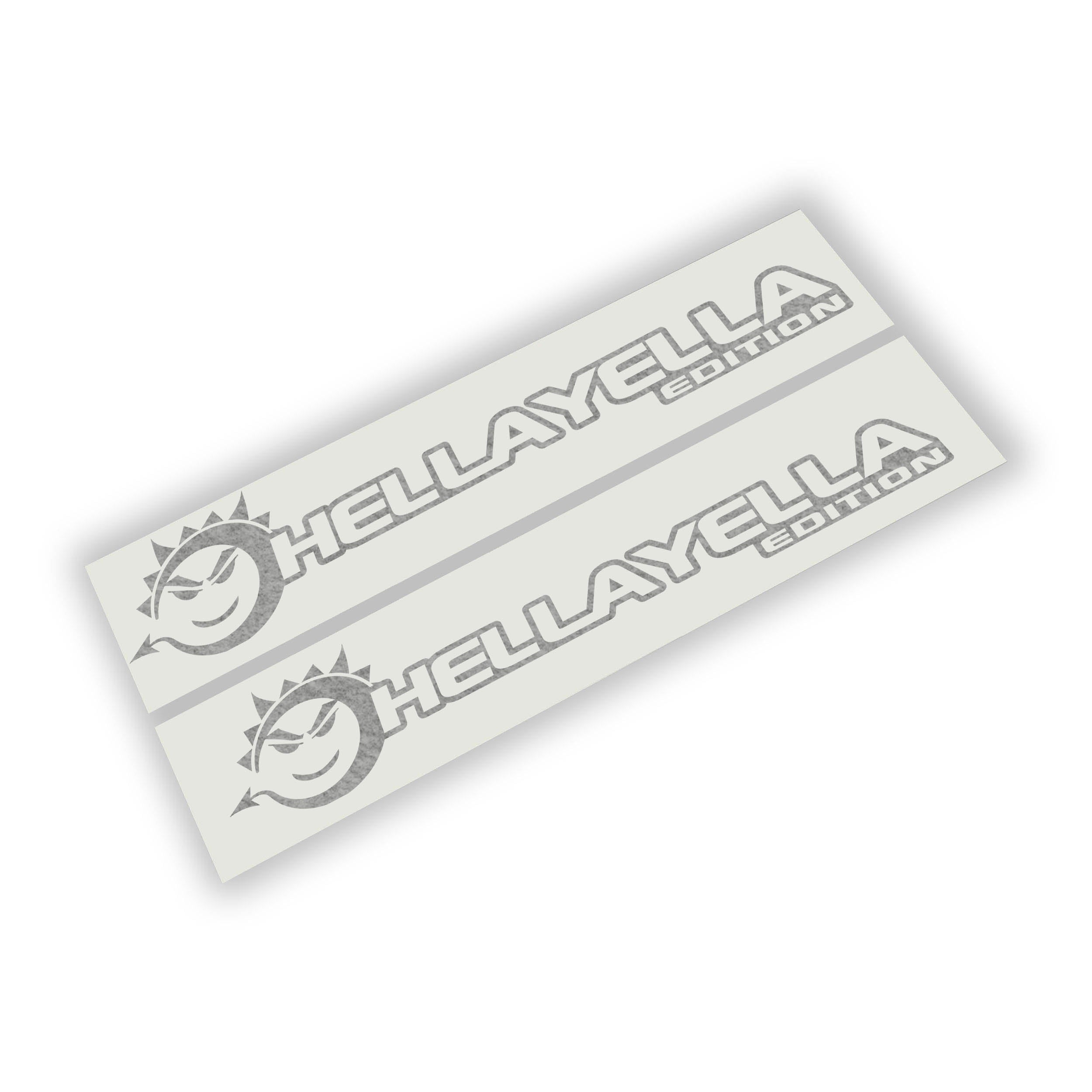 Grey HellaYella Edition sun face lettering side hood vinyl decal pair laid flat shown