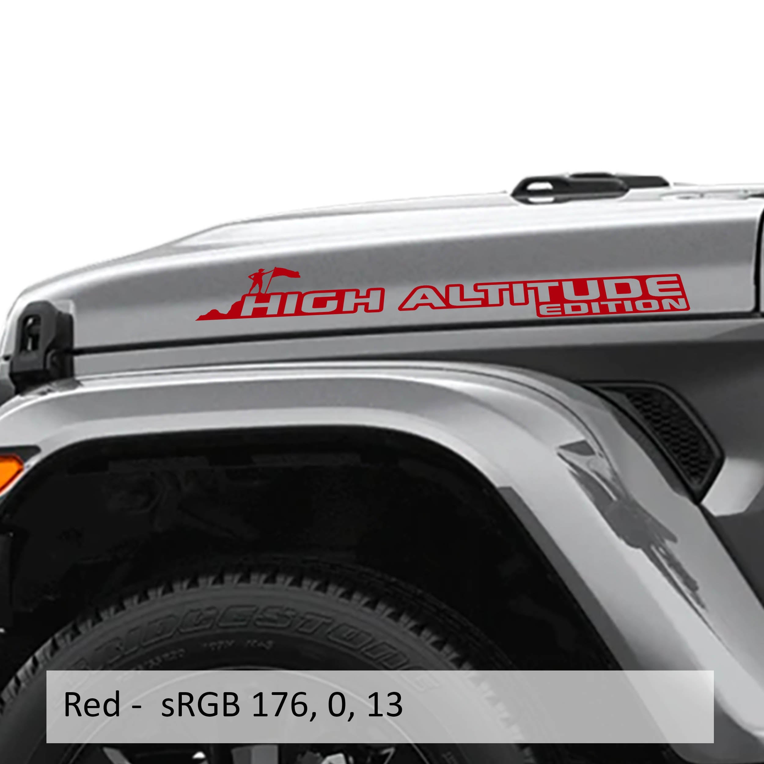 Red High Altitude Hood Edition vinyl decal pair shown for Jeep hood installation