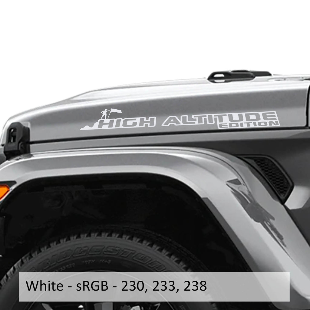 White High Altitude Hood Edition vinyl decal pair shown for Jeep hood installation