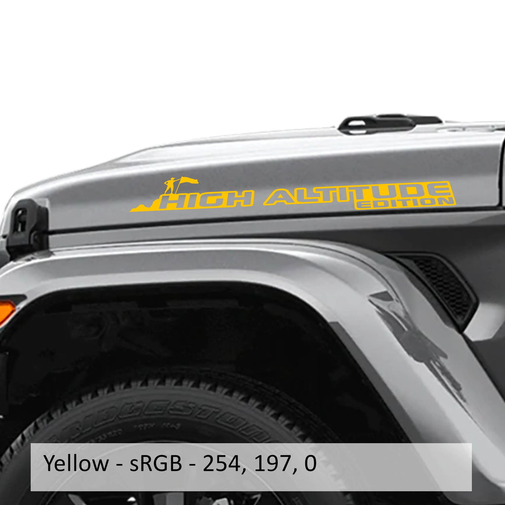 Yellow High Altitude Hood Edition vinyl decal pair shown for Jeep hood installation