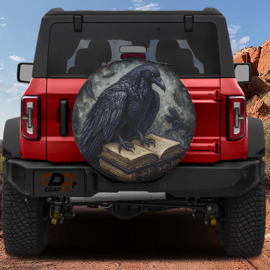 Hugginn's Black Raven Tome Spell Book Spare Tire Cover