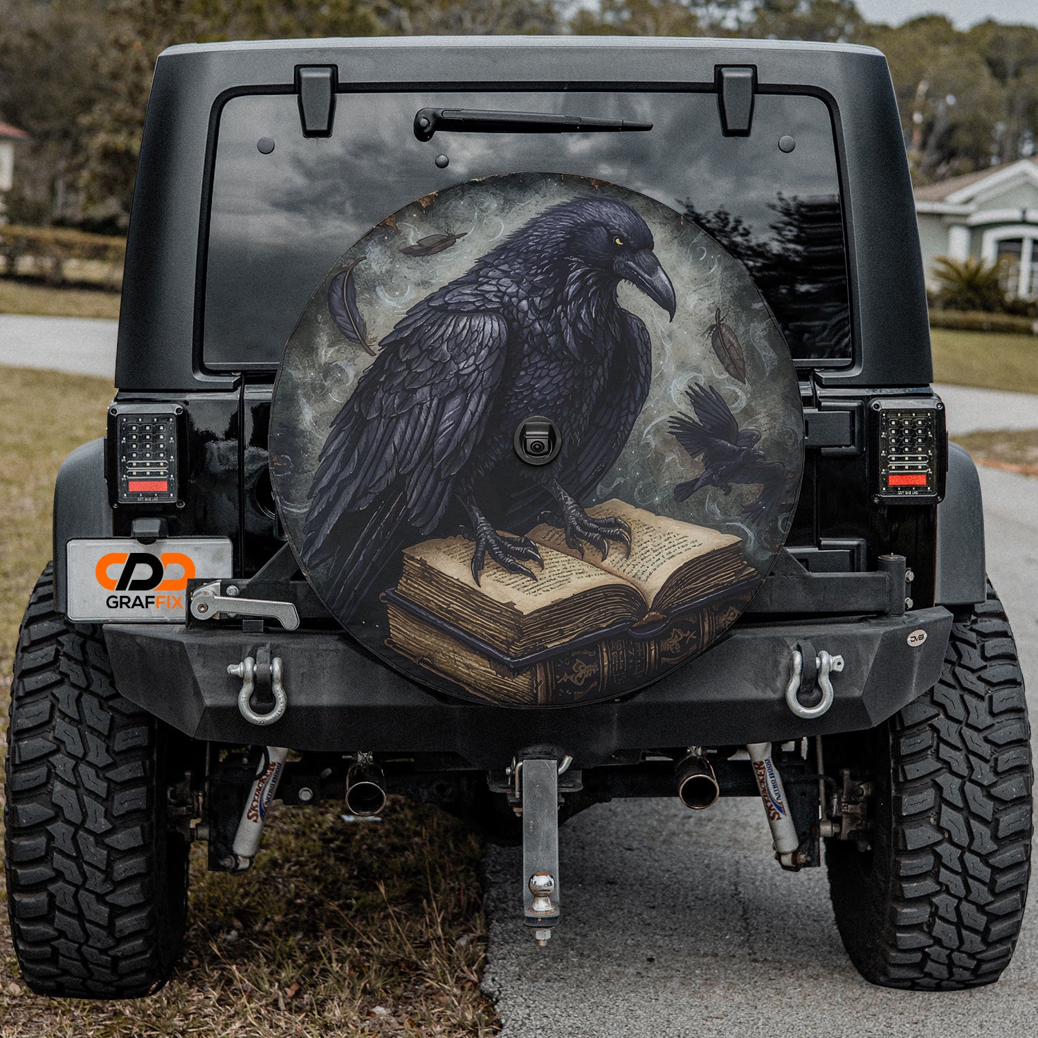 Hugginn's Black Raven Tome Spell Book Spare Tire Cover