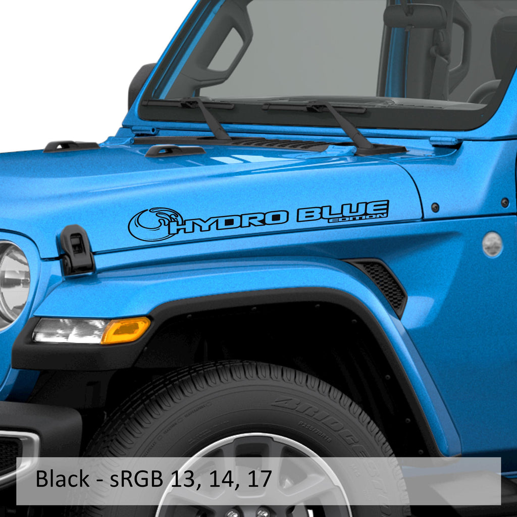 Hydro Blue Edition Jeep hood decal pair displayed in matte black vinyl on a clean white studio backdrop