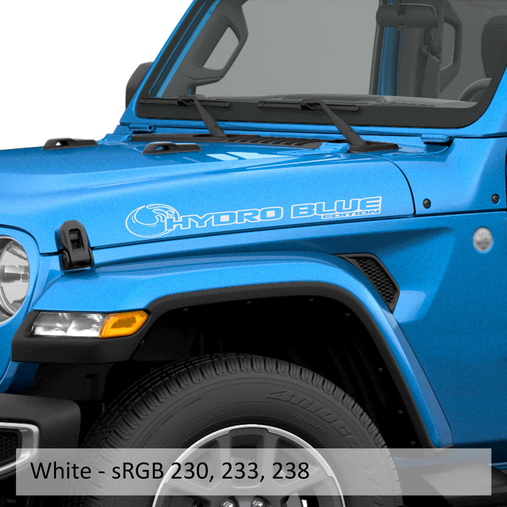 Hydro Blue Edition Jeep hood decal pair shown in crisp white vinyl on a clean white studio backdrop image