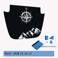 Black Northern Mountain Range blackout hood vinyl decal for Jeep Wrangler JL JT with compass design.