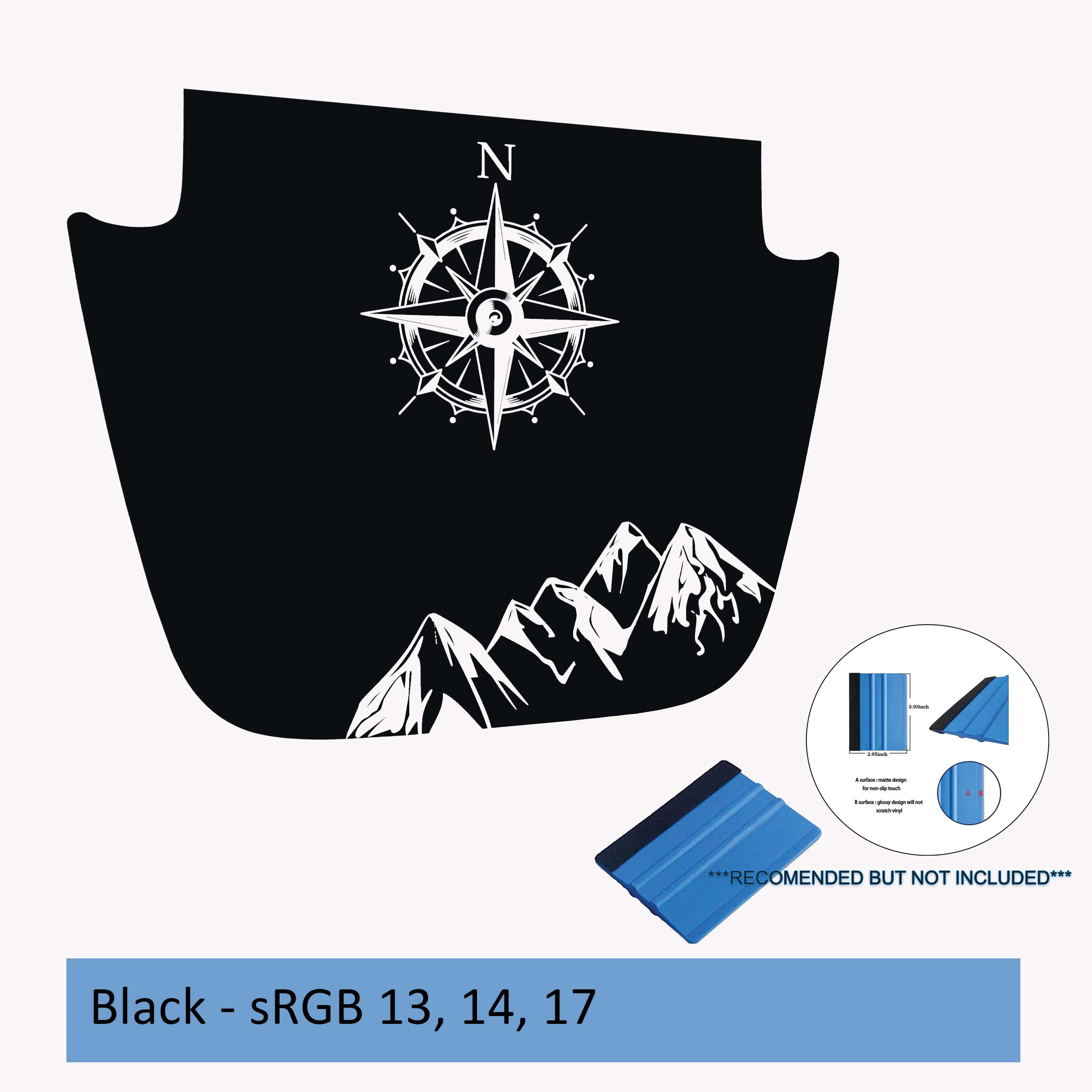 Black Northern Mountain Range blackout hood vinyl decal for Jeep Wrangler JL JT with compass design.