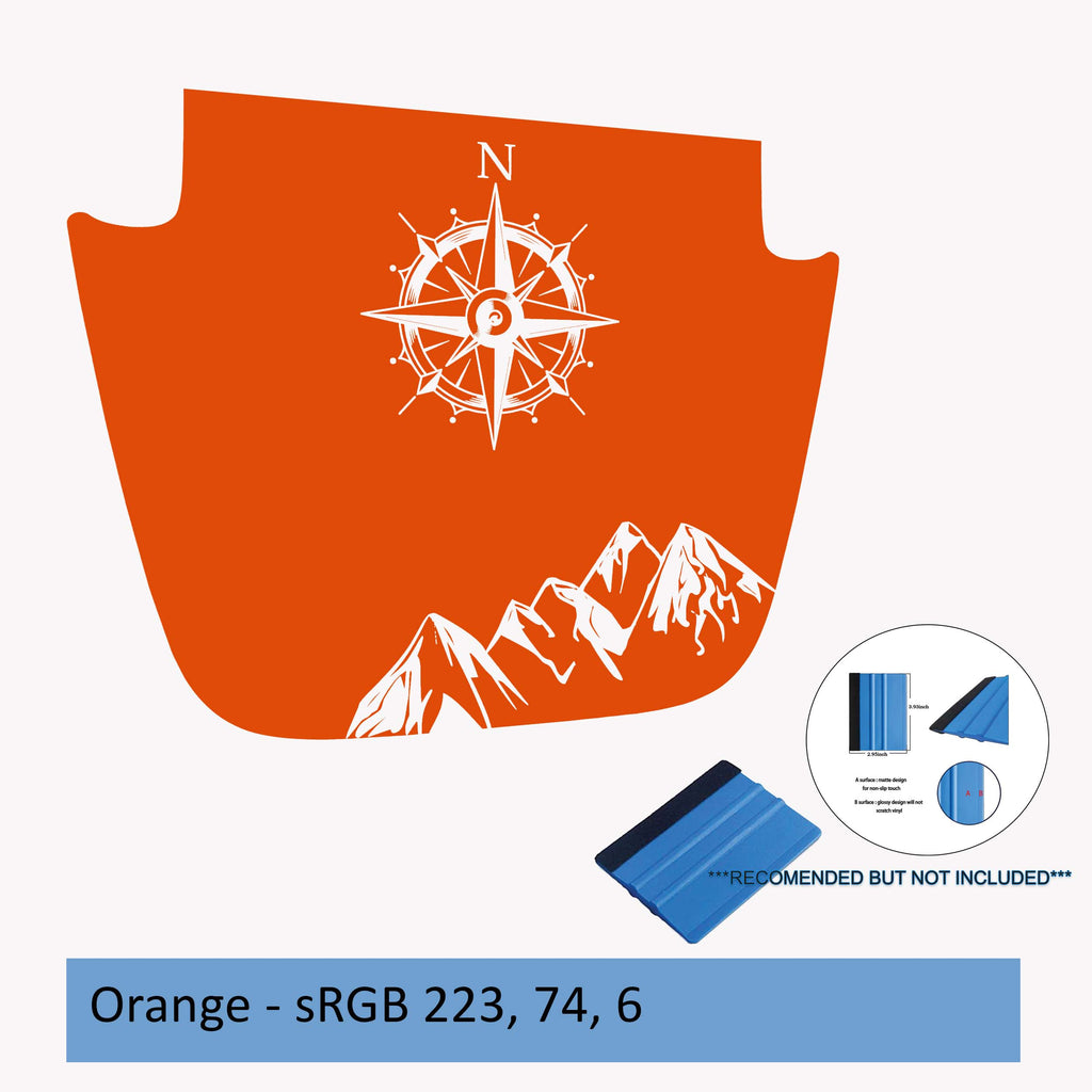 Orange Northern Mountain Range blackout hood vinyl decal for Wrangler JL JT featuring compass design.