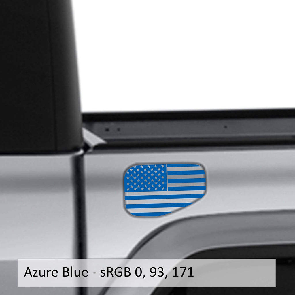 Azure blue American flag fuel door vinyl overlay on silver Jeep Gladiator JT fuel door mockup