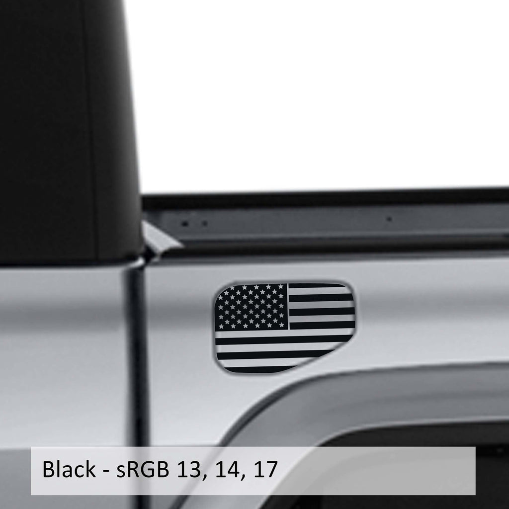 Black American flag fuel door vinyl overlay applied to silver Jeep Gladiator JT fuel door