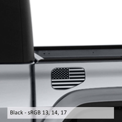 Black American flag fuel door vinyl overlay applied to silver Jeep Gladiator JT fuel door