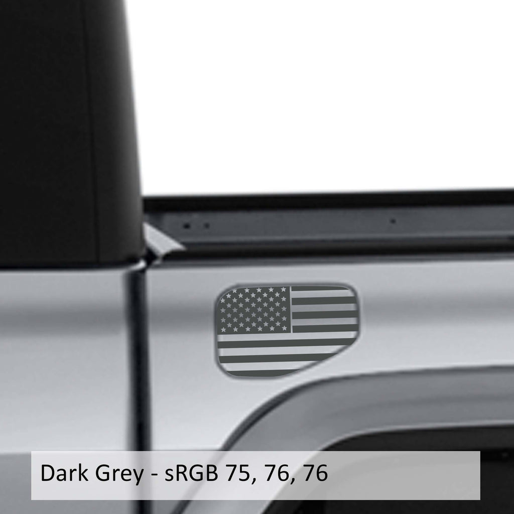 Dark gray American flag fuel door vinyl overlay on silver Jeep Gladiator JT fuel door mockup