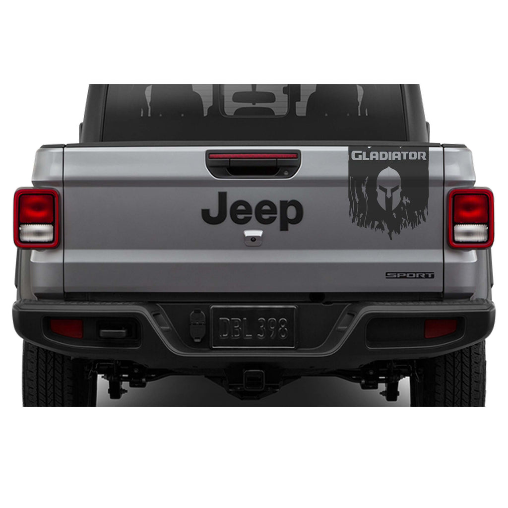 JT Gladiator tailgate pennant vinyl decal preview featuring lettering and a Spartan helmet centered design